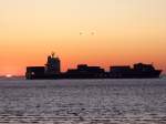 Anemone(IMO-9314985;L=222;B=30mtr)ist bei Sonnenaufgang im Bereich Cuxhaven Elbaufwärts unterwegs;090901