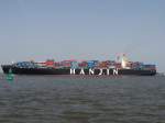  HANJIN PORT KELANG  passiert Lhe am 19.05.2008. Baujahr: 2006  
 L.(m): 304,00 
 B (m): 40,00 
 max Tiefe (m): 14,50 
deadweight (ton): 85.250 
gross tonnage (ton): 75.000 
