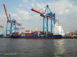 JOHANNA SCHEPERS (IMO 9436305) am 25.7.2012, Hamburg, Elbe, Container Terminal Burchardkai, Liegeplatz Athabaskakai /  ex MEREL (bis 06.2011)  Feeder / BRZ 7852 / La 141 m, B 22 m, Tg 5,5 m / 1