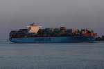 Maersk Salalah am 15.8.2009 auf der Elbe bei Bielenberg im letzten Abendlicht.