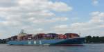 Hamburg, 21.5.08: - Die MOL PRIORITY schleicht sich im Schatten einer groen Wolke nach Hamburg ein. Bj 2002, 25kn schnell u 6200 TEU (Standartcontainer,das sind die kleinen)Tragfhigkeit.