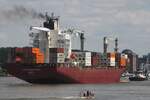 Containerfrachtschiff PUERTO LIMON EXPRESS (IMO 9434943); Datum: 19.07.2025; Aufnahmeort: Elbe/Hafen Hamburg, Deutschland. Das Bild zeigt die PUERTO LIMON EXPRESS beim Einlaufen vom Bubendey Ufer aus betrachtet. 