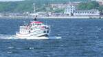 Der Hochseeangelkutter MS Jan Cux, IMO 8657055, am 03.06.24 vor Sassnitz auf der Insel Rügen.