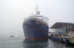 Das Kreuzfahrtschiff  Marco Polo  im Nebel des 18.10.14 in Rostock.