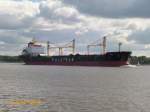 JUNO (IMO 9422378) am 11.9.2014, Hamburg auslaufen, Elbe Höhe Wedel /
Bulk Carrier / GT 20.603 / Lüa 189,57 m, B 23,76 m, Tg 14,59 m / 1 Wärtsilä-Diesel, 6RTA48TB, 14,5 kn / 2011 bei Mingde Heavy Industry Co., Ltd., Nantong, China / Flagge: Bahamas, Heimathafen: Nassau /  Eigner: Erato Five Shipping Ltd., Operator: Polsteam, Stettin, Polen /
