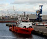 Das 60m lange Offshore Schiff GLOMAR WORKER am 08.11.23 in Rostock