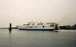 Katamaranfähre  Delphin  der TT-Line bei der Ausfahrt vom Rostocker-Hafen 1996.