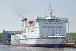 TT-Line-Fährschiff HUCKLEBERRY FINN (IMO 8618358) am 31.5.2021 im Hafen von Lübeck-Travemünde