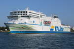 Die TT-Line Fähre Nils Holgersson auf ihrem Seeweg von Trelleborg nach Travemünde via Rostock beim Auslaufen am 26.05.2023 in Warnemünde.