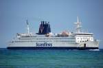 Hier die schon etwas ltere Fhre Prins Joachim/Korsor von Scandlines bei der Einfahrt in den Hafen von Rostock-Warnemnde am 07.06.08.