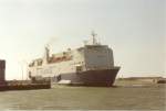 Das Fährschiff MF Skagen von Colorline wurde  in Hirtshals am Hafen kurz vorm Anlegen im Juni 1994 gesehen.