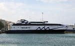 Der Schnellfähre Katamaran Seajets Worldchampion Jet lag am 4.3.2020 im Hafen von Piräus.