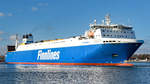 FINNSKY (IMO 9468906) von den Finnlines am 27.02.2021 den Skandinavienkai in Lübeck-Travemünde verlassend.