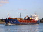 Der Stückgut Frachter FALKSEA der Reederei HAGLAND auf dem Seeweg vom Rostocker Fracht und Fischereihafen nach Aalborg beim Auslaufen am 10.09.2020 in Warnemünde.