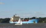 Hamburg am 13.9.08 - MAERSK BORNEO elbaufwrts unterwegs. 2007 in China gebaut, 29.814 tdw, macht 14,5kn mit einer 9.721 Ps Maschine. 
