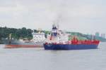 Schiffsbegegnung am Rüschpark Hamburg Finkenwerder zwischen den beiden Tankern Ek Sky in Grau und der Zambezi Star in Blau aufgenommen am 27.05.10