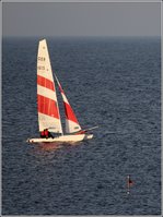 Der Katamaran GER 1615 segelt in der Abendsonne des 21.08.2016 vor der Nordwestküste Bornholms.