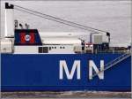 Die Schornsteinmarke der Compagnie Maritime Nantaise (MN) aus Nantes nimmt die Farben der franzsischen Flagge blau, rot und wei auf. Gesehen an der MN TOUCAN (IMO 9112466) am 25.05.2011.