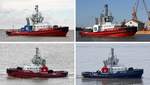 An dieser Collage wird die Konzentration bei den Schlepper-Reedereien deutlich. Die Fotos zeigen die 2015 gebaute RT EMOTION (IMO 9691369), oben links im Jahr 2016, daneben im Jahr 2019 und darunter im Mai und September 2020.
Die RT EMOTION gehörte ursprünglich zur niederländischen Reederei Kotug, die 2016 mit der ebenfalls niederländischen Reederei Smit zur Reederei Kotug Smit fusionierte. Entsprechend änderte sich auch die Schornsteinmarke. 2019 wurde Kotug Smit von der spanischen Schlepperreederei Boluda übernommen. Im Mai 2020 war an der RT EMOTION auch die Schornsteinmarke von Boluda zu sehen. Im September 2020 hat dann auch der Rumpf die rote Farbe von Kotug Smit verloren und ist im dunkelblauen Boluda-Outfit zu sehen. Boluda gehört mit mehr als 300 Schleppern weltweit zu den größten Schlepper-Reedereien. Noch größer ist die Maersk-Tochter Svitzer. 20.09.2020