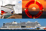 AIDAprima - Fotocollage aus Bildern, welche in der Zeit zwischen 20.01.2018 und 27.01.2018 entstanden sind. Links oben: AIDAprima im Hafen von Las Palmas de Gran Canaria (20.01.2018), unten im Hafen von Puerto del Rosario / Fuerteventura (25.01.2018). Den schönen Sonnenuntergang konnte man am 21.01.2018 von Bord des Kreuzfahrers sehen. 