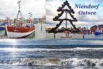 Neujahrs-Gruß aus Niendorf /Ostsee (alle Aufnahmen vom 03.01.2021). Oben links: Fischereifahrzeug NIE 5 im Hafen. Oben rechts: NIE 1 im noch weihnachtlich geschmückten Hafen. Unten: die Ostsee vor Niendorf