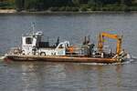 Bagger BURAN (ENI 05502570 ); Eigner/Betreiber: Pontonanlage Norderelbe; Datum: 02.08.2026; Aufnahmeort: Elbe/Hafen Hamburg, Deutschland.