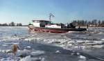 MS Kietz stemmt sich mit voller Kraftin das Eis der Oder.Der Eisbrecher vom WSA Eberswalde am 09.01.2016 bei Ognica im Einsatz.