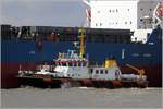 Der Lotse geht von Bord, die WESERLOTSE fährt mit gleicher Geschwindigkeit nebenher, um den Lotsen an Bord nehmen zu können. Gesehen auf der Weser Höhe Bremerhaven am 10.09.2017