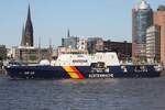 Polizeischiff BAD D�BEN (BP 83); Eigner/Betreiber: Bundespolizei; Datum: 07.05.2026; Aufnahmeort: Elbe/Hafen Hamburg, Deutschland. Das Bild entstand anl�sslich des 837. Hafengeburtstages. (internat. Suchbegriff: BAD DUEBEN )