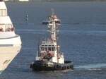 Der Schlepper 'Berne', IMO 8500422, am 08.09.2012 im Hafen von Bremerhaven vor dem Bug des Kreuzfahrtschiffes 'Artania'. Der Hafen- und Bergungsschlepper Berne fährt unter der Flagge Deutschlands für die Unterweser Reederei GmbH (URAG) in B ...