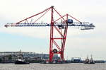 Die BUGSIER 9 IMO-Nummer:9429558 Flagge:Deutschland Länge:34.0m Breite:12.0m Baujahr:2009 mit Containerbrücke für Eurogate am Haken aufgenommen am 19.09.20 vor Hamburg