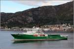 Die 2003 gebaute HAVILA TROLL (IMO 9283576) am 26.09.2012 auslaufend Bergen. Sie ist Hochseeschlepper, Offshore-Versorger und Feuerlschschiff. Lnge: 92 m, Breite: 18 m, GT: 4.537, DWT: 4.000. Die beiden Hauptmaschinen leisten zusammen 10.600 kw, ermglichen eine Geschwindigkeit von 21 kn bzw. eine Pfahlzug von 100t. Im Notfall kann sie 320 berlebende an Bord nehmen. Heimathafen ist Fosnavaag (Norwegen).