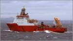 Die 2010 gebaute NORMAND RANGER (IMO 9413432) am 24.09.2012 vor der schottischen Kste. Sie ist ein Hochseeschlepper und Offshore-Versorgungsschiff mit einer Lnge von 91 m, einer Breite von 22 m und mit einer Maschinenleistung von 19.000 kw. Der Pfahlzug betrgt 287 t. Bis zu 60 Personen finden auf der Normand Ranger Platz. Heimathafen ist Skudeneshavn (Norwegen).