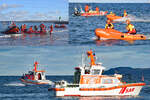 Nach  Explosion am Strand   - Rettungsübung von Organisationen wie Bundeswehr, Polizei, DRK, Feuerwehr, DLRG und DGzRS am 04.02.2023 in / vor Lübeck-Travemünde.