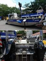 THW Mehrzweckboot (MZAB) vom Typ Faster 650 CAT  Finjet . L=7,45m; B=2,48m; Tiefgang bei max. Belastung=0,45m; Leergewicht Rumpf=875kg; Gew.Fahrbereit mit Zubehr und Motoren=ca.1400kg; Motoren=2x70PS; Vmax.ca.30kn; max.Personenzahl inkl.Besatzung=10 Personen. Foto: 60 Jahre THW Ortsverband Berlin Charlottenburg-Wilmersdorf am 11.08.2012