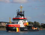 Das Spezial-Schiff Arkona auf Ihrem Seeweg von Rostock-Überseehafen nach Sassnitz beim Auslaufen am 10.09.2020 in Warnemünde