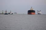 Schlepper,Bulker,Skane,Adiamar und Berlin im Seekanal vor Warnemünde.01.06.2025