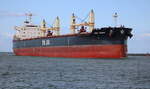 Der 200 m lange Bulker Yasa Venus beim Einlaufen am 24.08.2025 in Warnemünde.