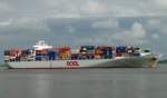  OOCL Antwerp  Kurs Hamburg 13.08.2010

overall length (m): 278,90 
overall beam (m): 40,00 
maximum draught (m): 14,00 
maximum TEU capacity: 5888 
container capacity at 14t (TEU): 3944 
reefer containers (TEU): 500 
deadweight (ton): 69.000 
