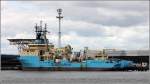 Der 2000 auf der Volkswerft Stralsund gebaute Kabelleger MAERSK RECORDER (IMO 9207053) liegt am 15.07.2012 in Nordenham. Die MAERSK RECORDER ist 106 m lang, 20 m breit, hat eine GT von 6.292 und eine DWT von 7.919 t. Sie verfgt ber ein Helideck mit 19,5 m Durchmesser und einen 30 t-Kran. Heimathafen ist Thyboron (Dnemark).

