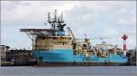 Der 2000 auf der Volkswerft Stralsund gebaute Kabelleger MAERSK RECORDER (IMO 9207053) liegt am 15.07.2012 in Nordenham. Die MAERSK RECORDER ist 106 m lang, 20 m breit, hat eine GT von 6.292 und eine DWT von 7.919 t. Sie verfgt ber ein Helideck mit 19,5 m Durchmesser und einen 30 t-Kran. Heimathafen ist Thyboron (Dnemark).