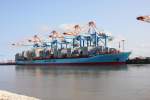 Gerd Maersk von der Vorderseite gesehen. Das riesige Containerschiff
lag am 6.7.2013 am Container Kai in Bremerhaven.