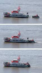 Der Seenotkreuzer HERMANN RUDOLF MEYER nimmt sein Tochterboot CHRISTIAN nach einer bung whrend der Ltten Sail in Bremerhaven wieder auf. 30.08.2008.