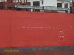 CAP ANDREAS (IMO 9629445) am 6.5.2014, Detailaufnahme mit Lotsenpforte, Hamburg, als Überlieger an den Pfählen in der Norderelbe /  Containerschiff / GT 69,809 / Lüa 270,9 m, B 42,8 m,