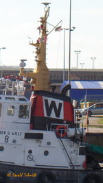 TAUCHER O. WULF 8 am 3.7.2016 in Cuxhaven / Schornsteinmarke der Otto Wulf GmbH & Co. KG, Cuxhaven /
Ex-Name: ESCORT (L&R) bis 04.1994 /
Schlepper / BRZ 92 / Lüa 23,38 m, B 7,12 m, Tg 2,9 m / 1 Diesel, Cummins KTA 38 M, 1030 kW (1400 PS), Pfahlzug 17 t / gebaut 1970 bei Mützelfeldtwerft, Cuxhaven / Heimathafen Rostock /
