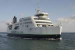 Prinsesse Benedicte der Scandlines, hier bei der Ankunft im Fährhafen Puttgarden auf Fehmarn am 12.2.2014, trägt ihre Namensbezeichnung nur auf einer Schiffseite.