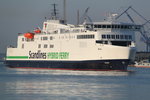 Die Scandlines Hybrid Ferry Berlin auf dem Weg von Rostock-berseehafen nach Gedser beim Auslaufen um 06:13 Uhr in Warnemnde.04.06.2016