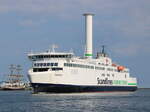 Die Scandlines Fähre COPENHAGEN auf ihrem Seeweg von Gedser nach Rostock-Überseehafen beim Einlaufen am 11.07.2021 in Warnemünde.