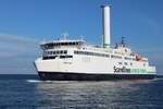 Die Scandlines Fähre COPENHAGEN auf ihrem Seeweg von Gedser nach Rostock-Überseehafen beim Einlaufen am 08.08.2021 vor Warnemünde.