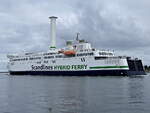 Nachschuss auf die Scandlines Fähre Berlin IMO Nummer 9587855 auf dem Seeweg zum Rostock-Überseehafen am 22. Oktober 2025 in Warnemünde.